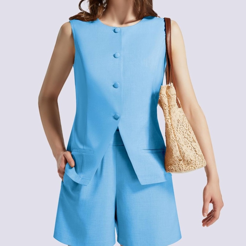 Elegant Sky Blue Sleeveless Women's Pantsuit - Picture 2 of 5